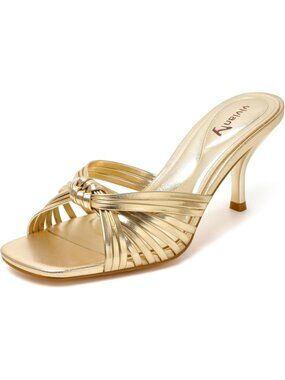 Vivianly Women's Gold Kitten Heel Square Open Toe Sandals Backless Slip On